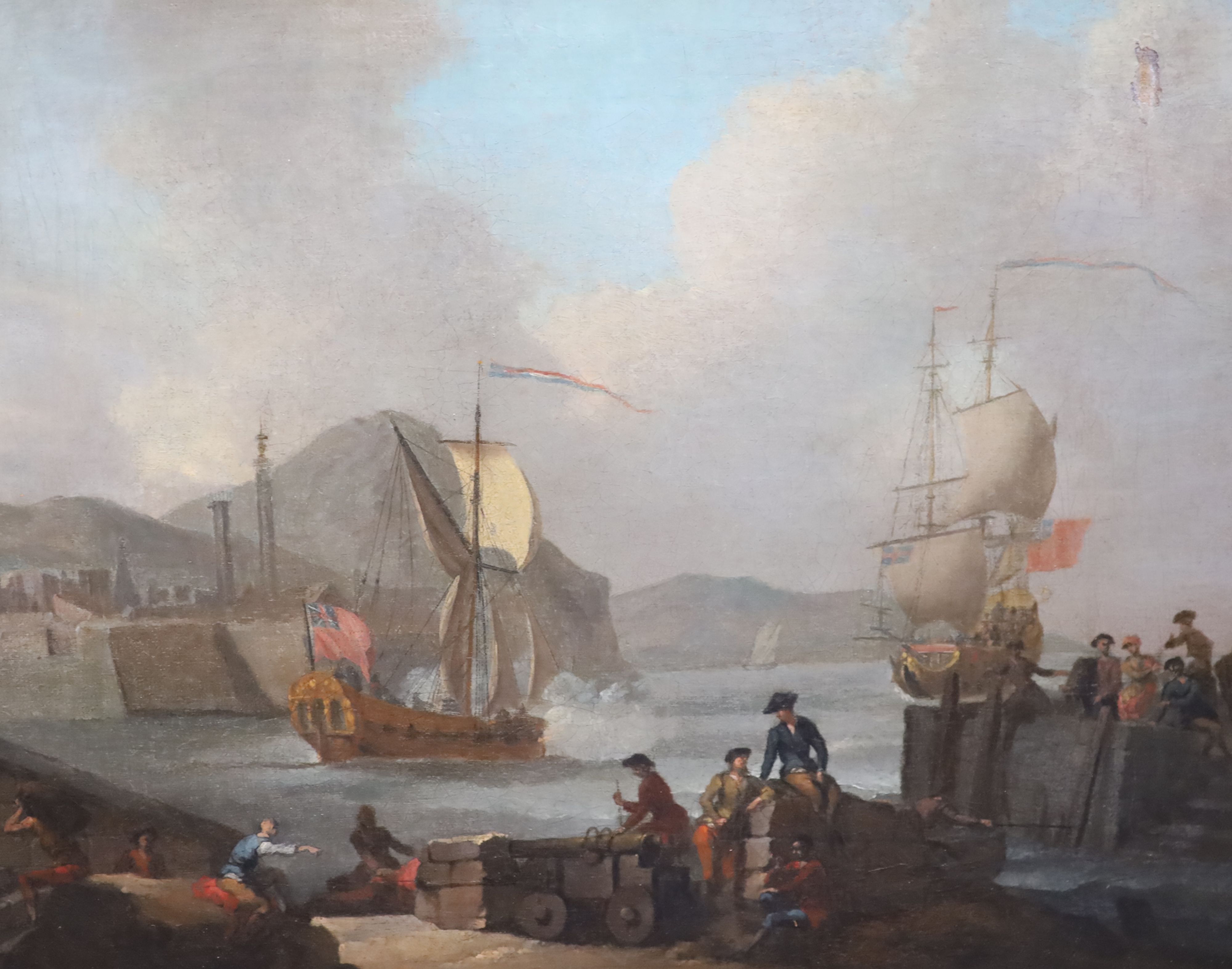 Follower of Joseph Vernet (1714-1789) Harbour scenes with warships firing salutes 13 x 15.75in.